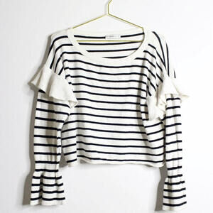 Zara Black White Striped Ruffle Long Sleeve Pullover Sweater - Small